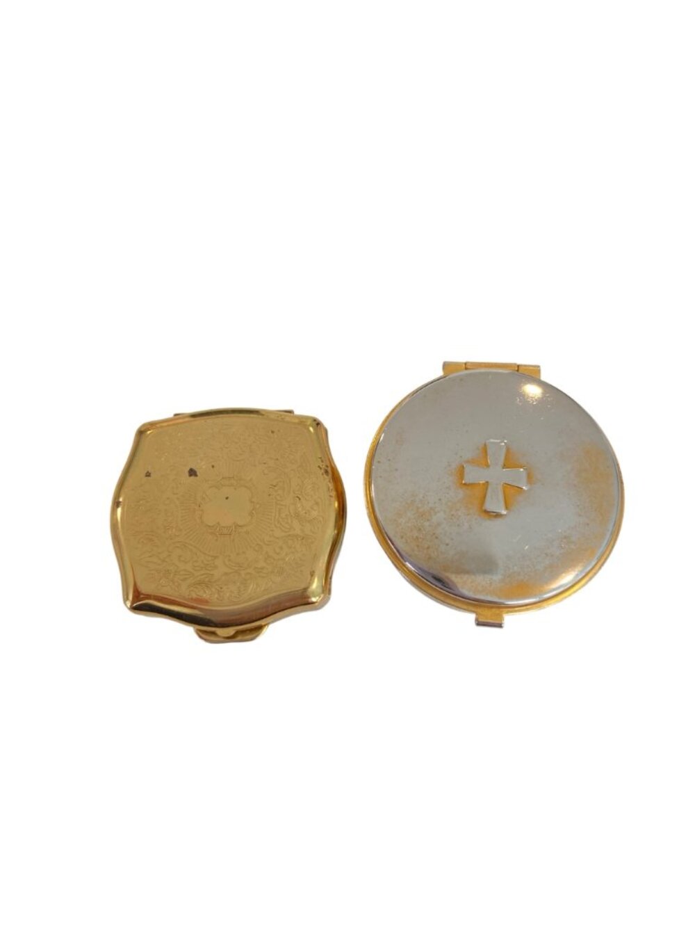 Vintage Stratton England Gold Pill Box Set Ornate Design & Cross Motif Compact S